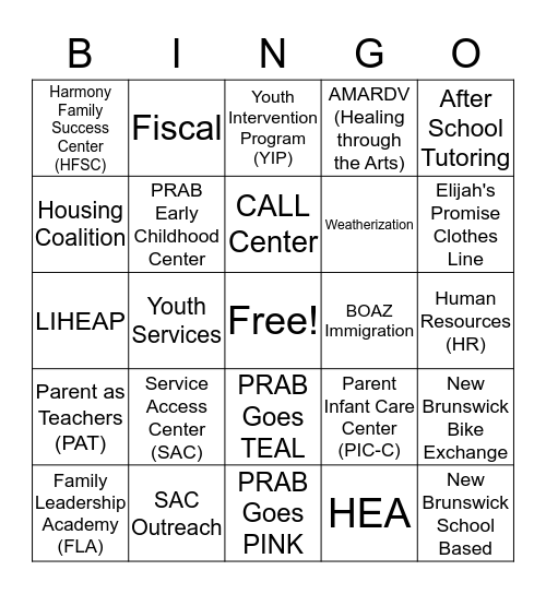 PRAB Take your Child to Work Bingo Card
