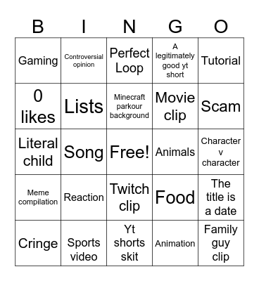YouTube shorts Bingo Card