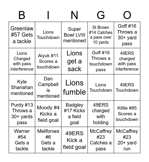 Lions vs. 49ers 2024 NFC Championship Game Bingo Card