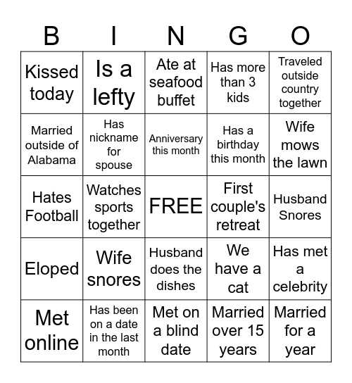 Marriage Ministry Date Night Bingo Card