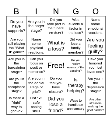 Grief and Loss Bingo Card