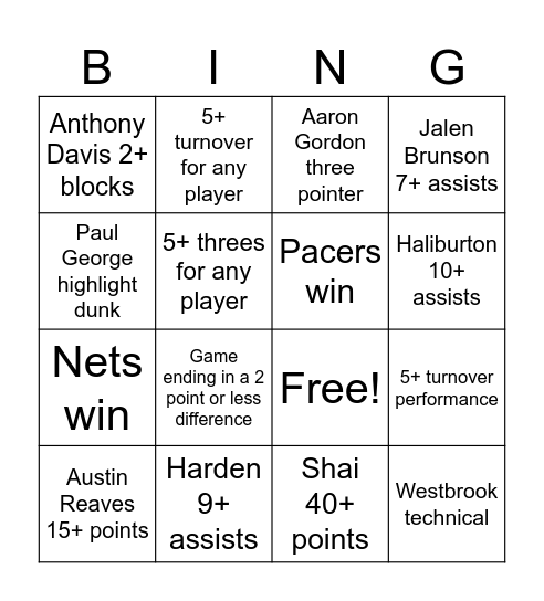 Daily  NBA Bingo Card