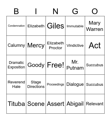 The Crucible Act I Bingo Card