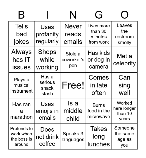 Find the Coworker! Bingo Card