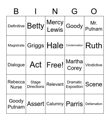 The Crucible Act I Bingo Card