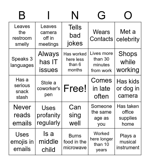 Find the Coworker! Bingo Card