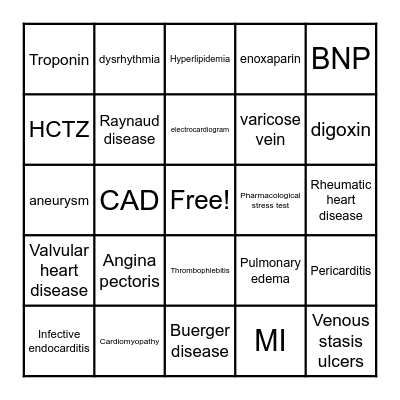 Cardiac BINGO Card
