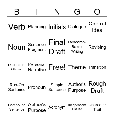 ELA Vocabulary Bingo Card