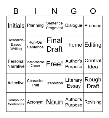 ELA Vocabulary Bingo Card