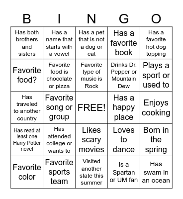 Getting to Know You Bingo Card