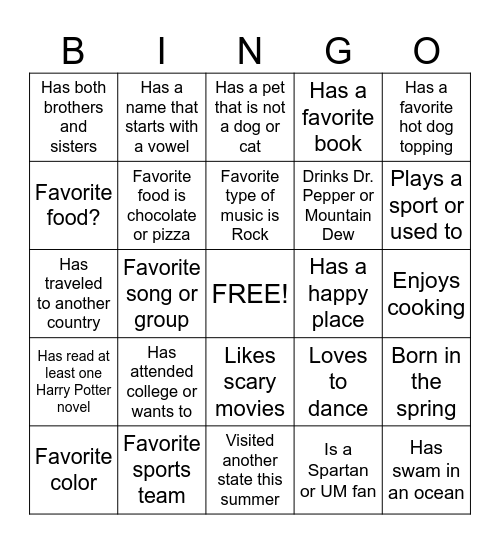 Getting to Know You Bingo Card