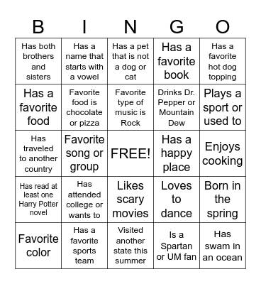 Getting to Know You Bingo Card