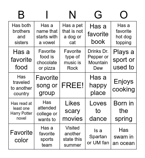 Getting to Know You Bingo Card