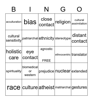 Culture Diversity Bingo Card