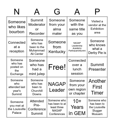 NAGAP First Timers Bingo Card