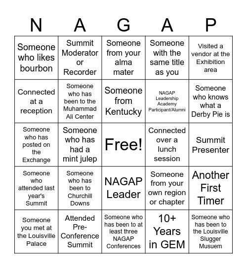 NAGAP First Timers Bingo Card