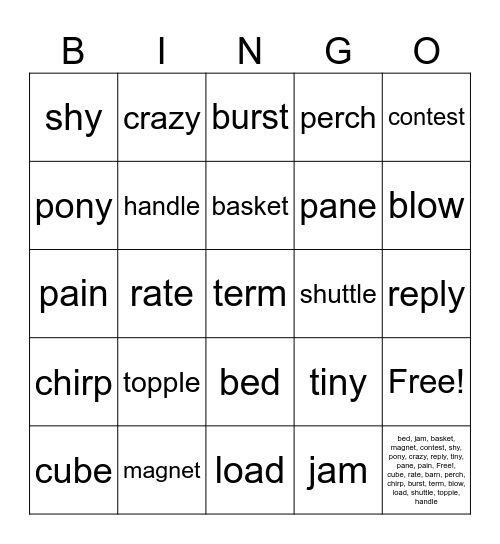 6 Syllable Bingo Card