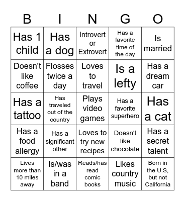 Getting to know you #3 Bingo Card