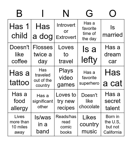 Getting to know you #3 Bingo Card