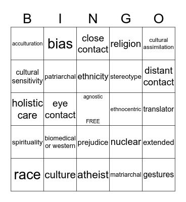 Cultural Diversity Bingo Card