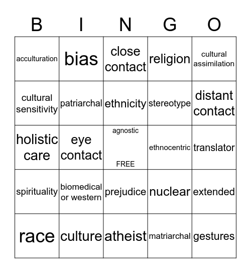 Cultural Diversity Bingo Card