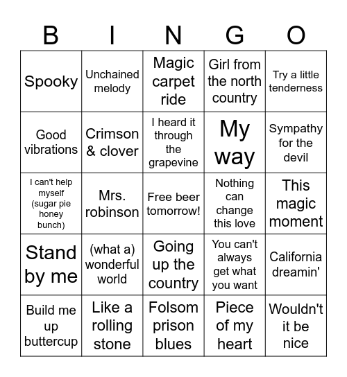 All Out 60's 2 Bingo Card