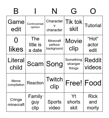 YouTube shorts Bingo Card