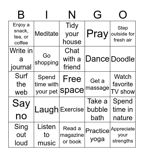 Self-care Bingo Card