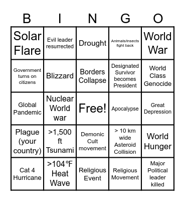 Disaster Bingo Card