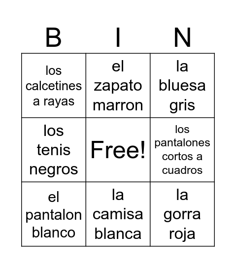 la ropa y los colores Bingo Card