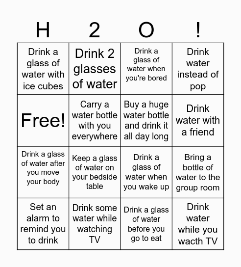 Hydration Bingo Card