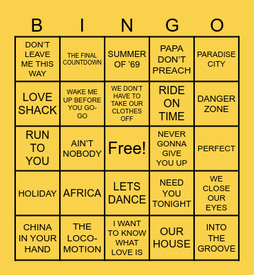 Hits 1980's to 2023 Bingo Card