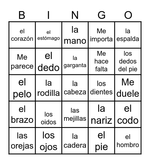 El Cuerpo (en español) Bingo Card