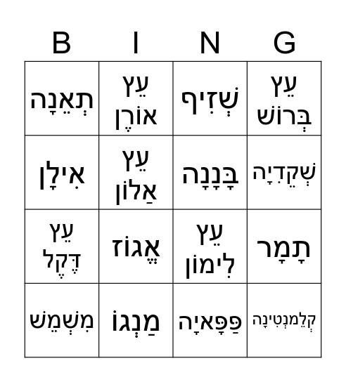 בִּינגוֹ ט"ו בִּשְבָט Bingo Card