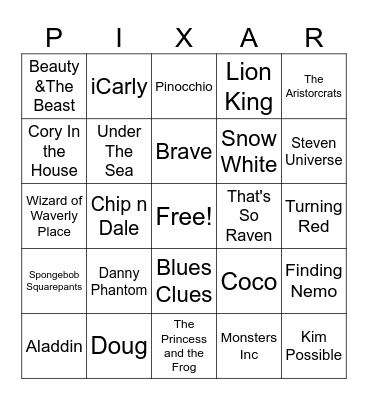 Cartoon/Pixar/Disney/Nick Move & TV songs Bingo Card