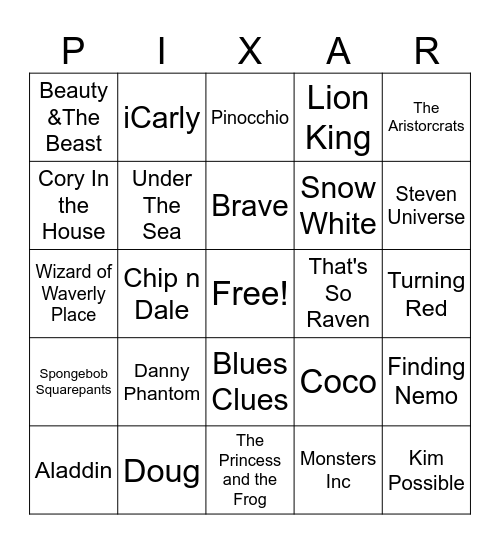 Cartoon/Pixar/Disney/Nick Move & TV songs Bingo Card