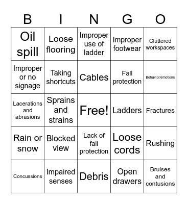 Slips, Trips, and Falls Bingo Card