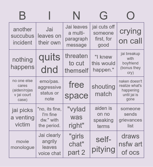 Jai the series Bingo Card