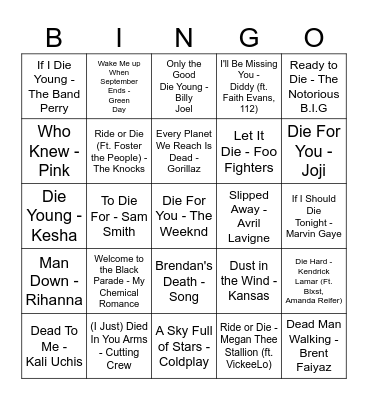 Welcome to the Black Parade Bingo Card