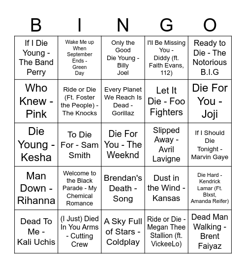 Welcome to the Black Parade Bingo Card