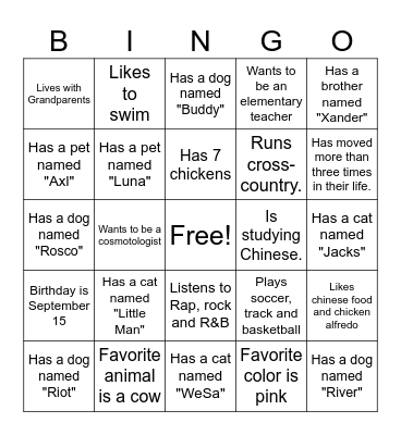 Our Class Bingo Card