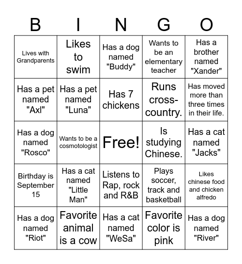 Our Class Bingo Card