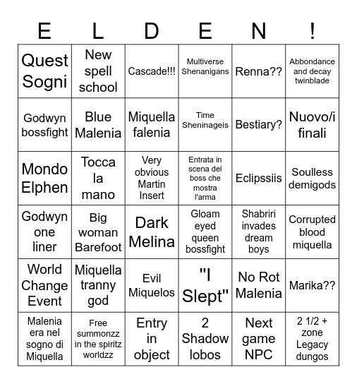 Elden ring DLC BINGO Card