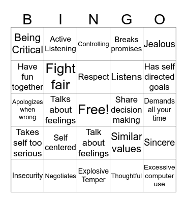 Teen Dating Violence Bingo Card