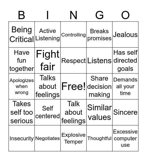 Teen Dating Violence Bingo Card