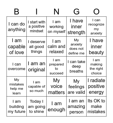 Positive Affirmation Bingo Card