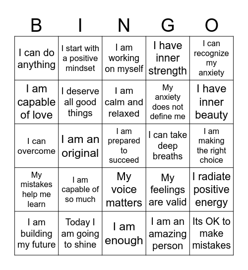 Positive Affirmation Bingo Card