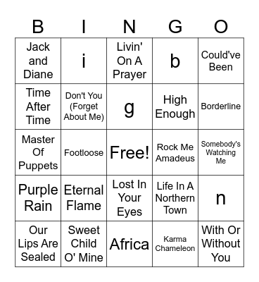 1980s Music Bingo Card