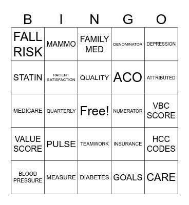 VALUE BASED CARE Bingo Card