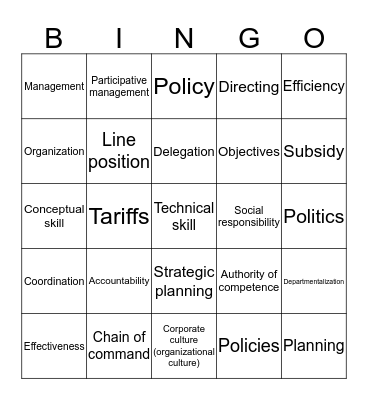 Management Principles Bingo Card